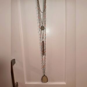 Pink and green, long layered chain necklace set